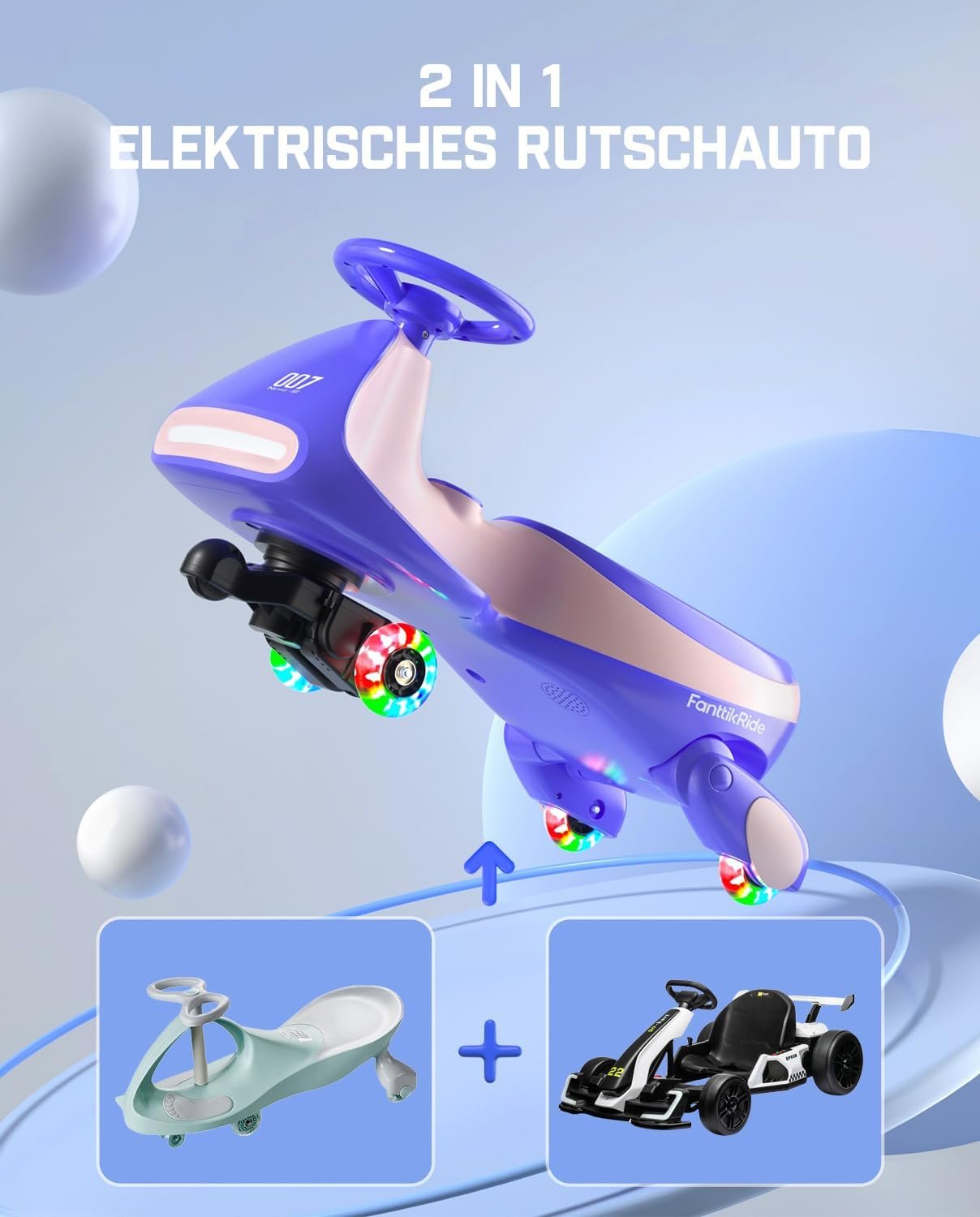 FanttikRide 12V N7 Pro Electric Wiggle Car – 2-in-1 Swing Car with Pedal, 2 Speeds, Flashing Wheels, Bluetooth & Type-C Charging, for Kids 3+ - Image 2