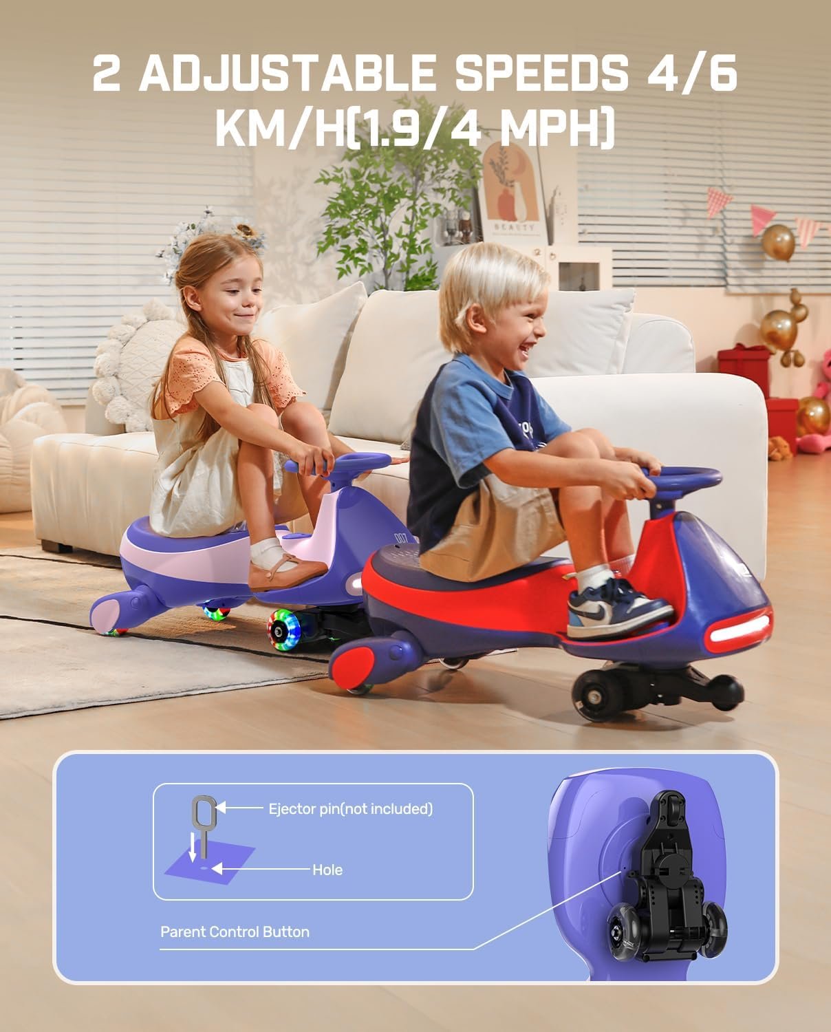 FanttikRide 12V N7 Pro Electric Wiggle Car – 2-in-1 Swing Car with Pedal, 2 Speeds, Flashing Wheels, Bluetooth & Type-C Charging, for Kids 3+ - Image 6