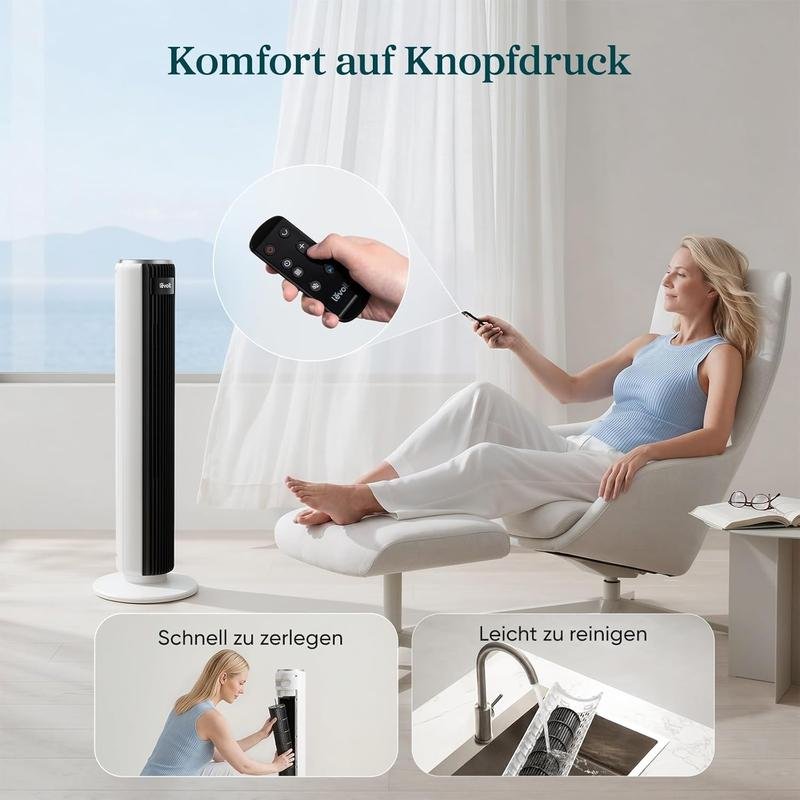 Levoit-Turmventilator mit Fortschrittlichem Schlafmodus-Ventilator leise 12Std Timer 4 Modi 5 Geschwindigkeiten-Automatikbetrieb mit Sensor-Oszillation Tower Fan mit Fernbedienung Weiß 92CM - Image 4