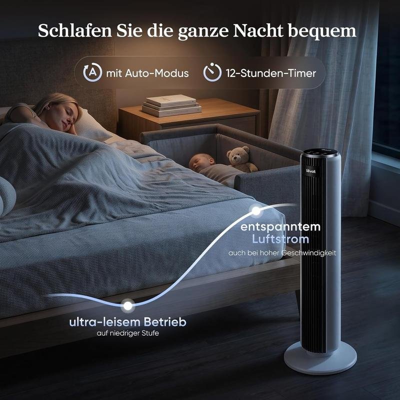 Levoit-Turmventilator mit Fortschrittlichem Schlafmodus-Ventilator leise 12Std Timer 4 Modi 5 Geschwindigkeiten-Automatikbetrieb mit Sensor-Oszillation Tower Fan mit Fernbedienung Weiß 92CM - Image 5